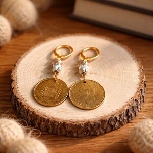 Vintage Spanish Coin Earrings Gold Tone Pearl Drop Dangle Earrings